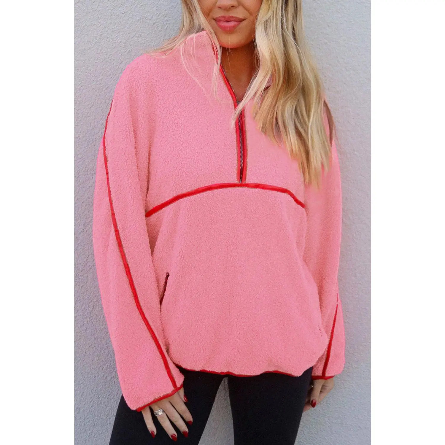 Strawberry Pink Sherpa Contrast Faux Leather Trim Half Zip Pocketed Pullover Sweatshirt