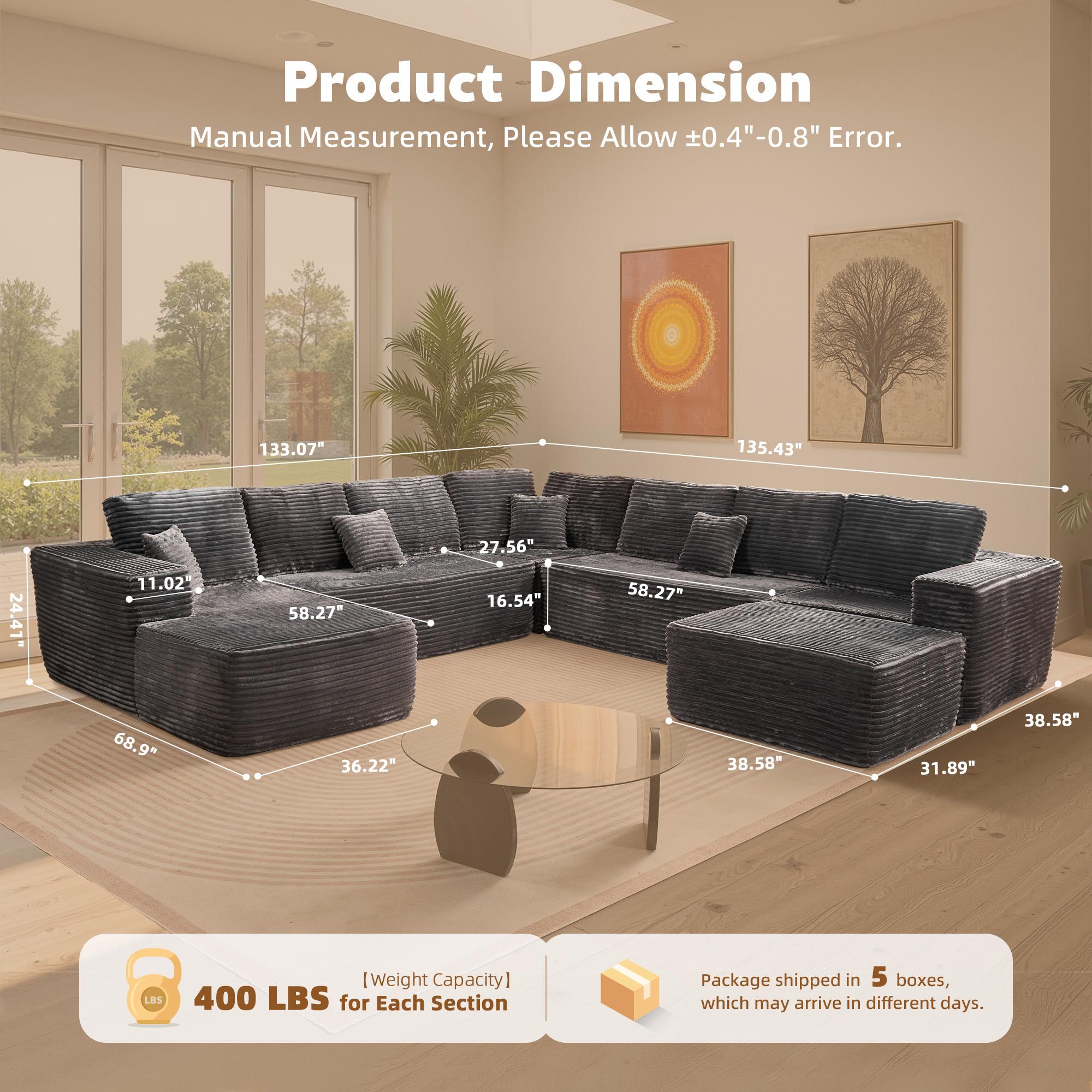 XIZZI 135" Cloud Sectional Couch with L-Shape Chaise,Modern Modular Sofa with Deep Seat, Upholstered Couches for Living Room Bedroom,No Assembly Required