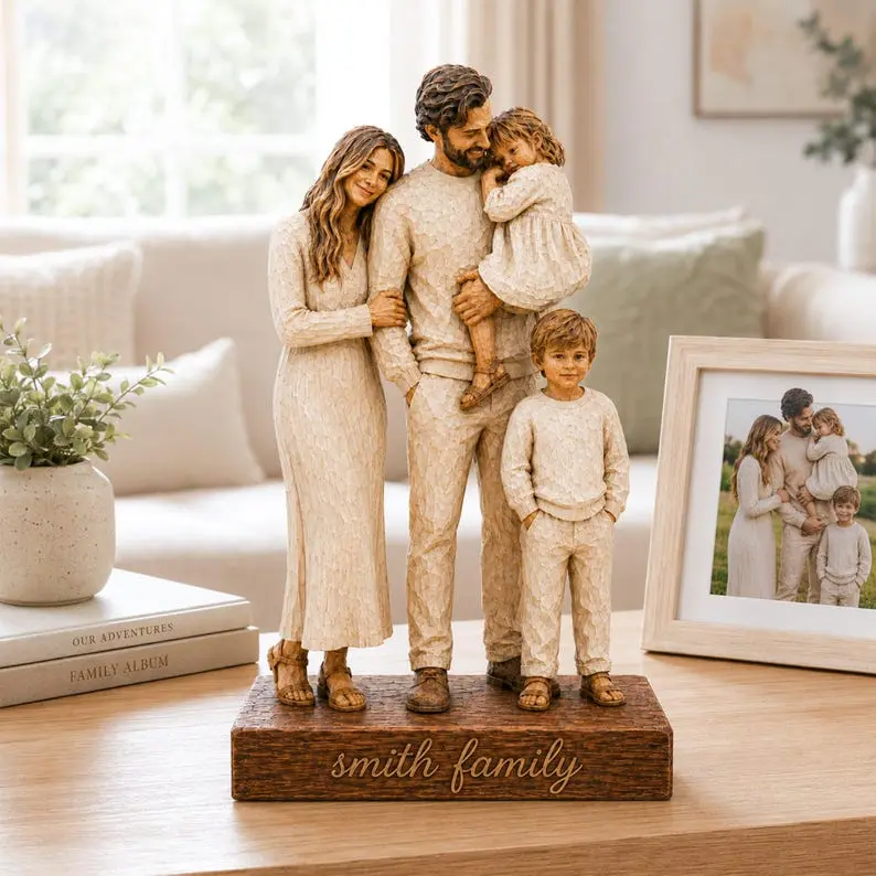 Personalized Custom Photo Figurine, Wooden Family Portrait Statue, Custom Couple Photo Gift, Anniversary Gift For Parents, Wedding Keepsake