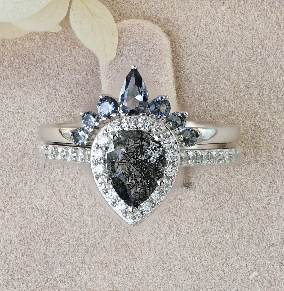 Janefashions Pear Cut Halo Black Rutilated Quartz Diamond Simulant CZ Engagement Ring N Wedding Band Bridal Ring Set Wedding Ring Travel Rings 925 Sterling Silver Size 3-10 S6959