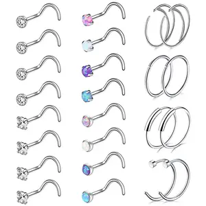 OIDEA 18G 316L Stainless Steel Screw Spiral Nose Ring Hoop Set, 24PCS Dainty Piercing Jewelry with Cubic Zirconia, Rhinestone, Imitation Opal for Body Piercing