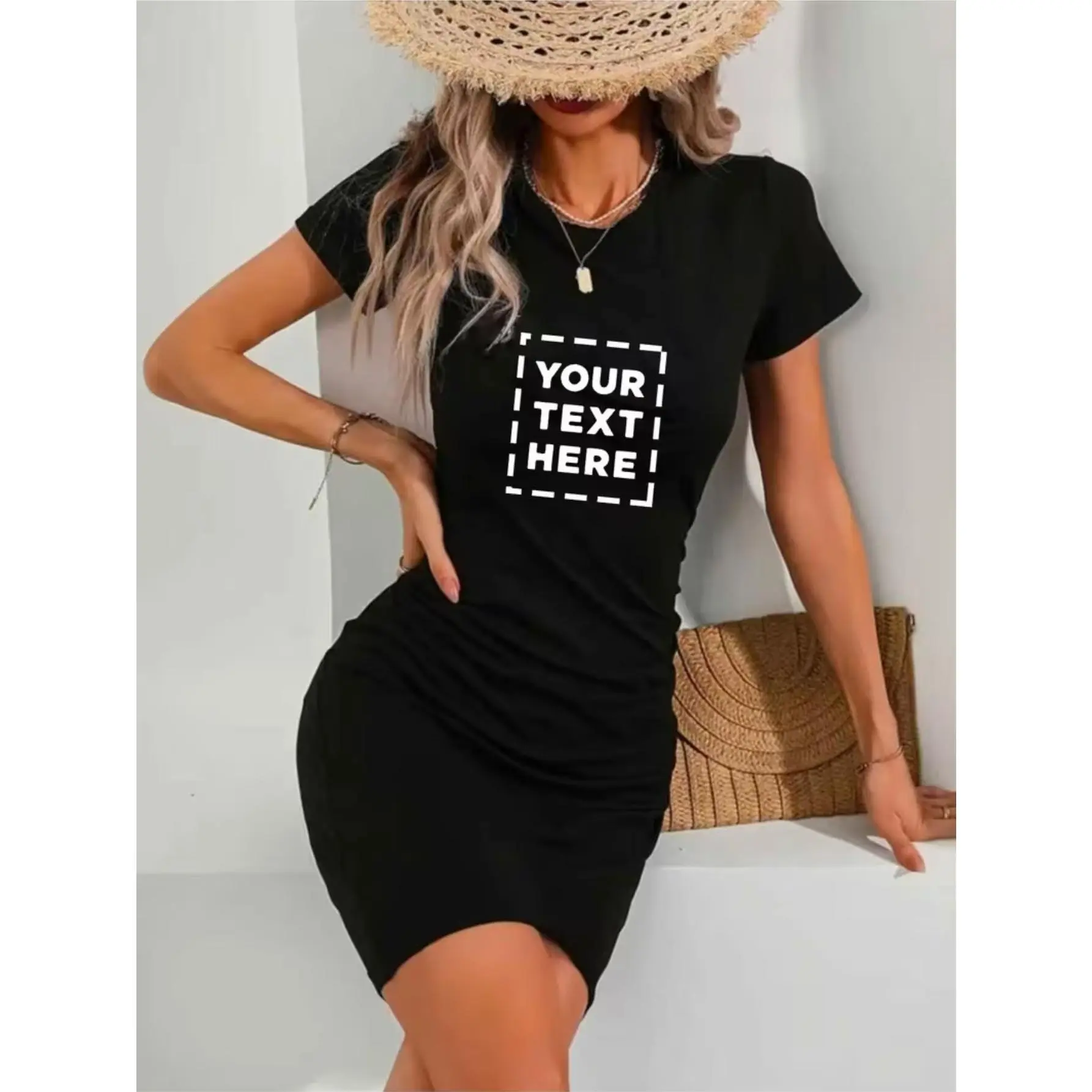 Women's Customizable Bodycon Dress - Short Sleeve Round Neck Slim Fit Dress with Prints (No Padding), Stretchy Breathable Fabric for Party Wedding Date Night Outfit, Spring Summer Casual to Evening Wear, Perfect Gift, Cotton, Shortsleeve, Casual Wear, One