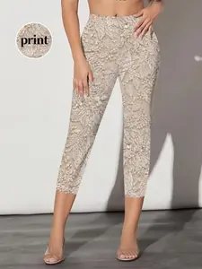 Women's Seven-Eleven Pants, Pearl Print Tight-Fit Bottoms, All-Season Butterfly Pattern, Skinny Trousers for Daily Wear