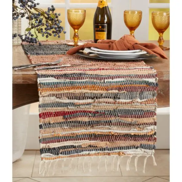 16 x 72 in. Chindi Weave Table Runner, Colorful Stripes Design, Multi-Color Kitchen Linens for Kitchen Decor