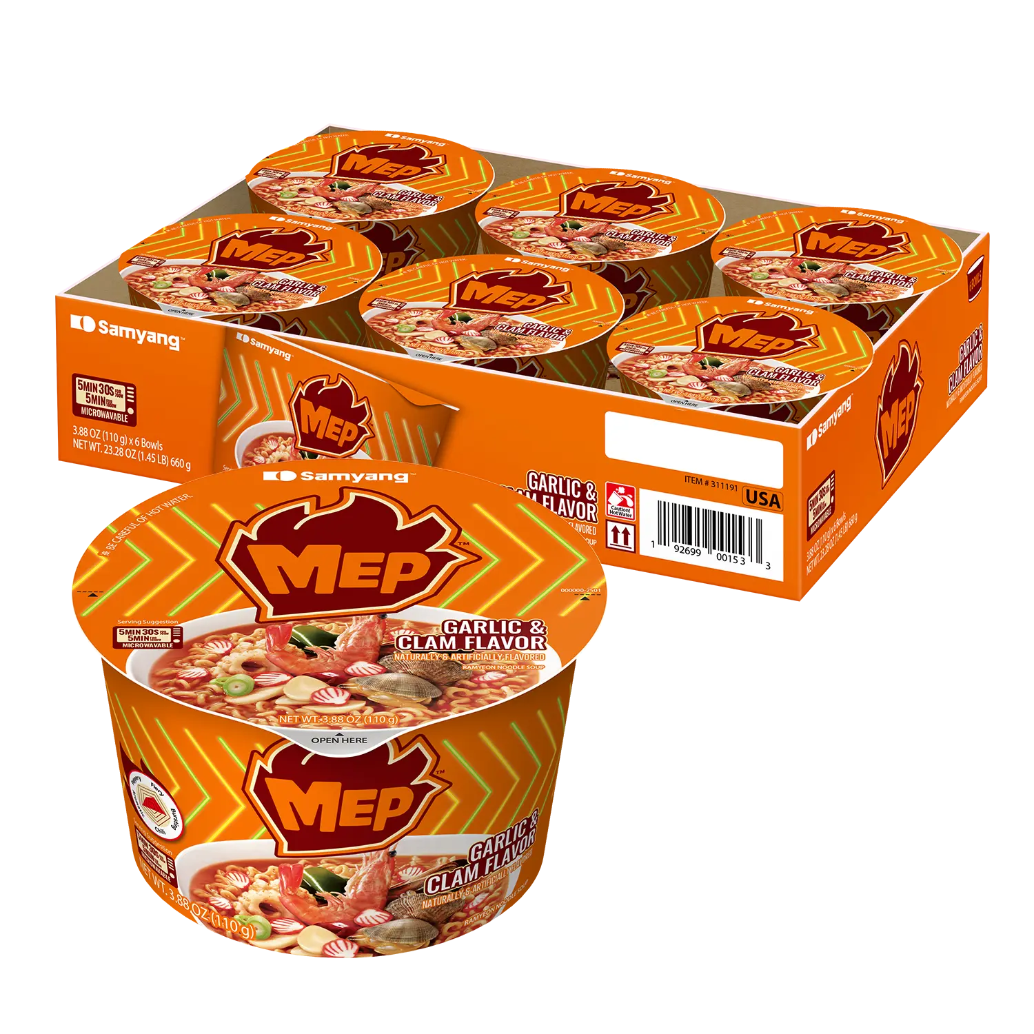MEP Pack of 6 Garlic Clam Ramen Spicy Instant Bowl Noodle Soup, Refreshing Seafood Broth Ramyeon, Quick Microwave Meal