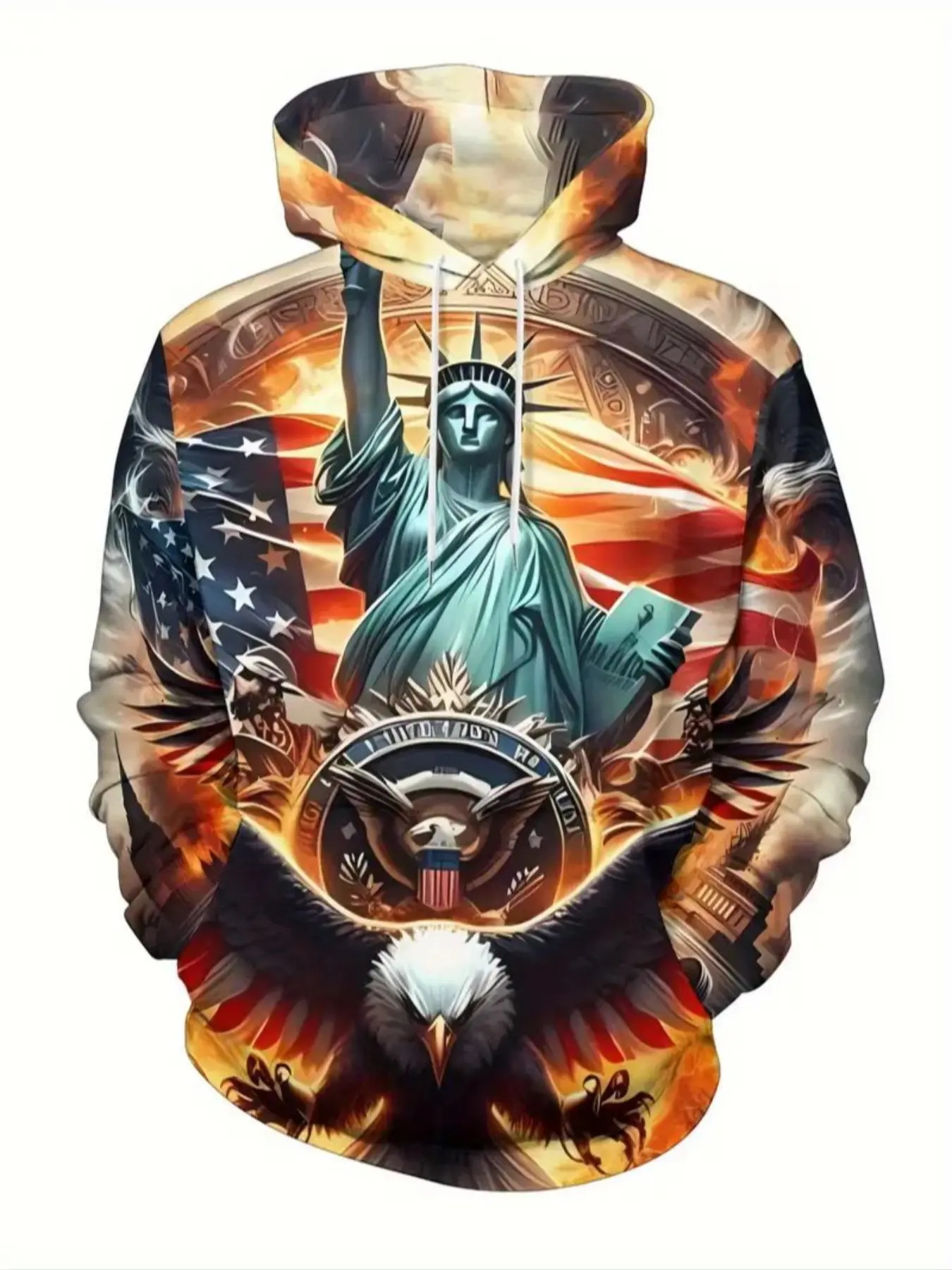 Men's Heavyweight Hooded Sweatshirt, All-Season Casual Streetwear Hoodie, Pullover with Front Pocket, Bold American Flag & Eagle Print, Casual Fitted Sweatshirt