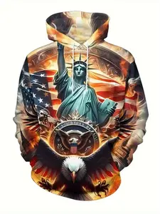 Men's Heavyweight Hooded Sweatshirt, All-Season Casual Streetwear Pullover with Front Pocket, Bold American Flag & Eagle Print, Casual Fitted Sweatshirt