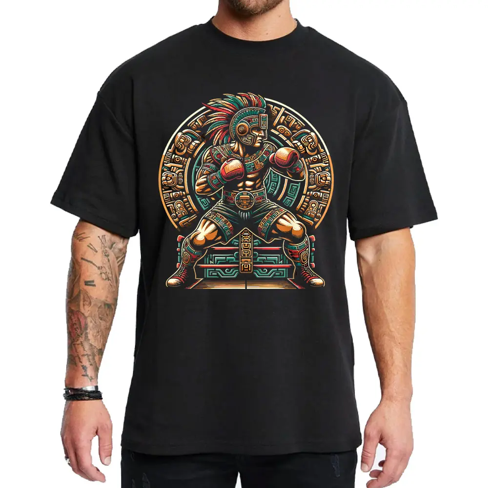 Mexican Vintage Style Boxing Graphic Tee for Men & Women Oversized Medium Heavy Polyester Sweatshirt Loose Fit Casual Streetwear Unisex Hoodie BX7 Black Color with Aztec Design