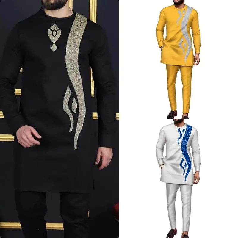 Men's Ethnic Style 2-Piece Suit Set in Cotton Blend Fabric - Long Sleeve Top and Pants Clothes for Banquets, Shirt, Menswear, Trouser, Polyester, Four Seasons