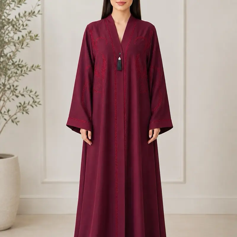 Women's Long Sleeve Chic Modest Female Abaya, Open-Front Button-Down with Rhinestone Embellishments, Umbrella-Style Design & Sleeve Hanging Tassels, Elegant Islamic Fashion Wear