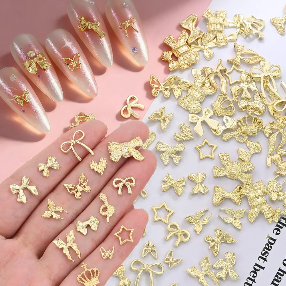 Mix 50pcs 3D Luxury Gold Nail Charms Alloy Metal Butterfly Bowknot Rose Nail Rhinestones Shiny Rhinestones Gems for DIY Nail Art