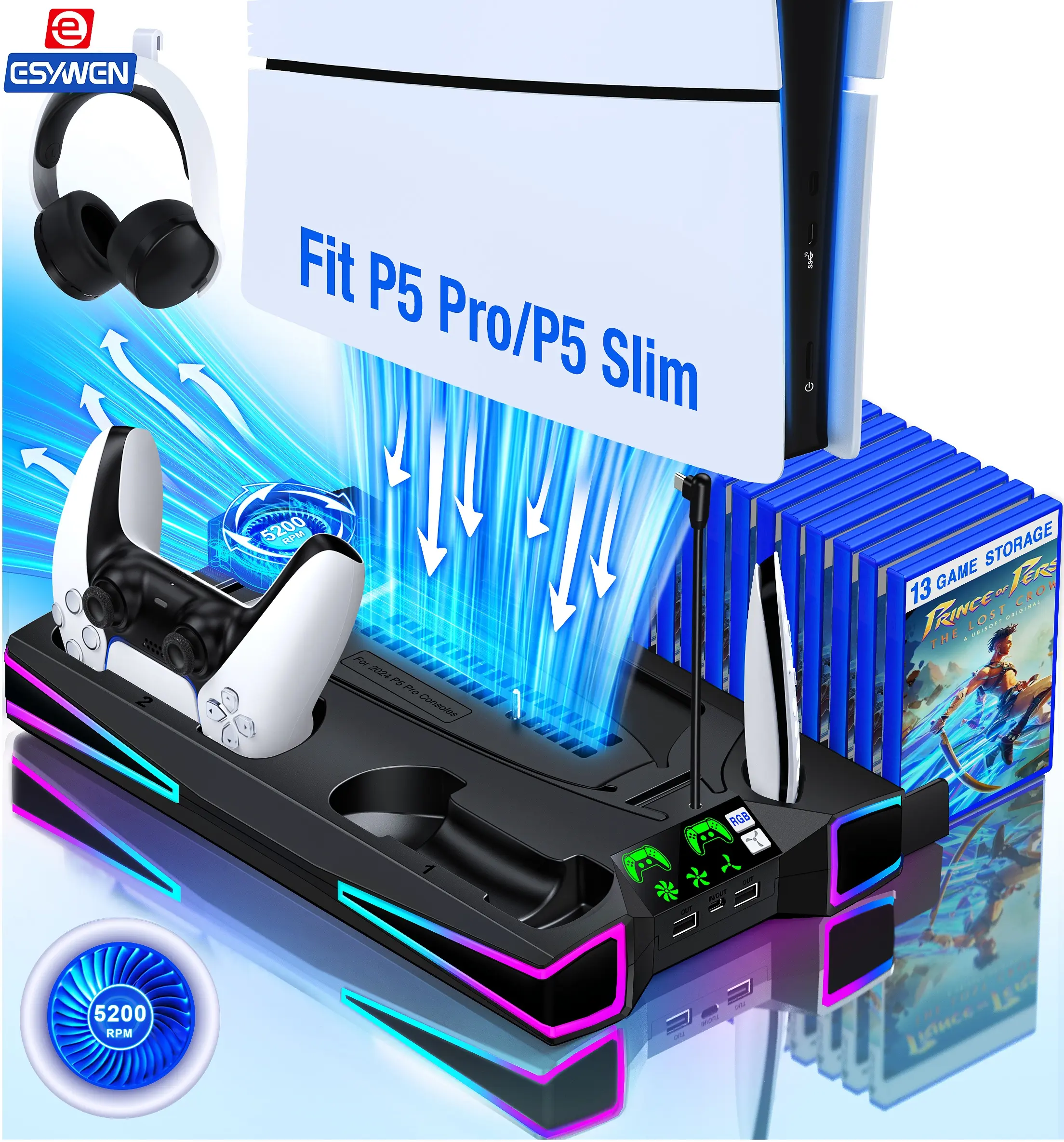 ESYWEN PS5 Stand Cooling Station for PS5/Slim Console, PS5 Accessories Vertical Stand with Dual Controller Charger Incl.3 Levels Cooling Fan,  Light, Headset Holder, 3 Charger Port-Black,back to school,back to school haul