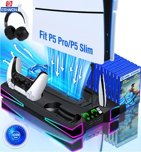 ESYWEN PS5 Stand Cooling Station for PS5/Slim Console, PS5 Accessories Vertical Stand with Dual Controller Charger Incl.3 Levels Cooling Fan,  Light, Headset Holder, 3 Charger Port-Black