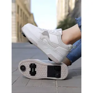 Unisex Button-Operated Four-Wheel Roller Skates, PU Leather Lightweight Durable Dual-Roller Invisible Skate Shoes, All Seasons, Shoes With Wheels