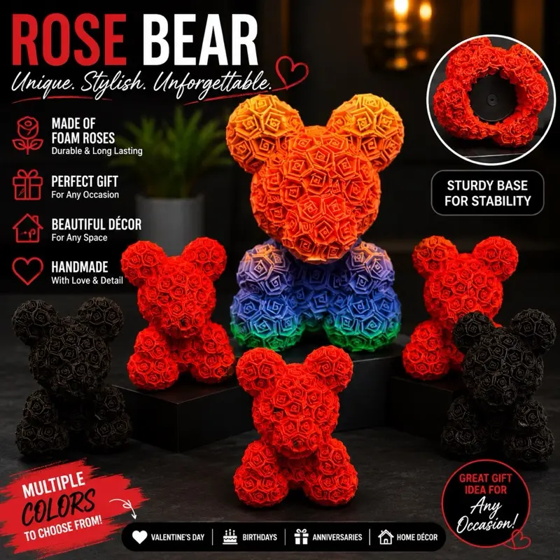 Rose Bear Multi Colored Love Bears in Blue Green Purple Orange Black Red Small Medium Large Sizes Perfect Gift for Any Occasion