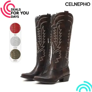 CELNEPHO Womens Cowboy Boots Pointed Toe Knee High Boot Chunky Block Heel Vintage Embroidered Design Side Zipper Easy Pull on Western Booties Horse Riding Party Wedding Fashion Trendy Cowgirl Dress Shoes Deals For You Days