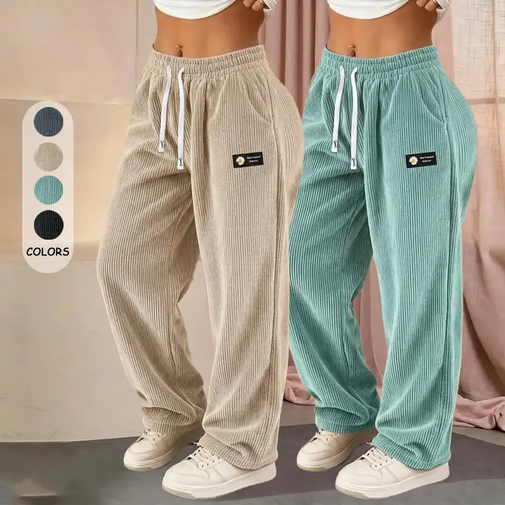 Women’s 2-pack fashionable corduroy wide-leg floor-length pants with a mid-rise elastic drawstring waistband; lightweight, breathable, and drapey straight-leg design; labeled detailing; versatile casual women’s pants for home and outings, suitable for eve