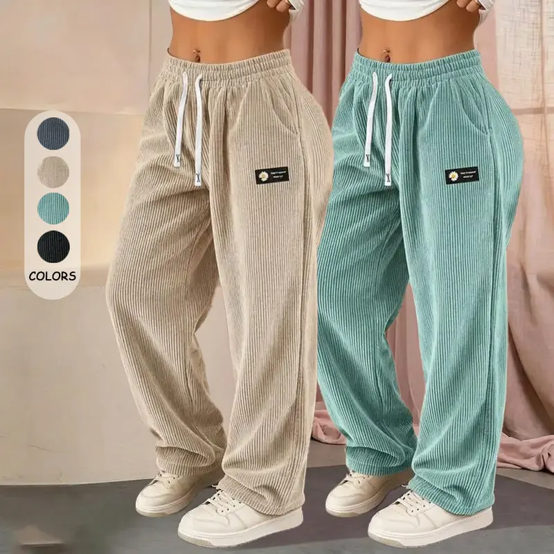 Women’s 2-Pack Fashionable Corduroy Wide-Leg Floor-Length Pants, Mid-Rise Elastic Drawstring Waistband, Lightweight Breathable Drapey Fit, Labeled Detailing, Comfortable Athletic Bottom for Casual Home, Outings & Evening Wear