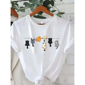 Women'S Cute Cat Print Round Neck Short Sleeve Casual T-Shirt White Summer