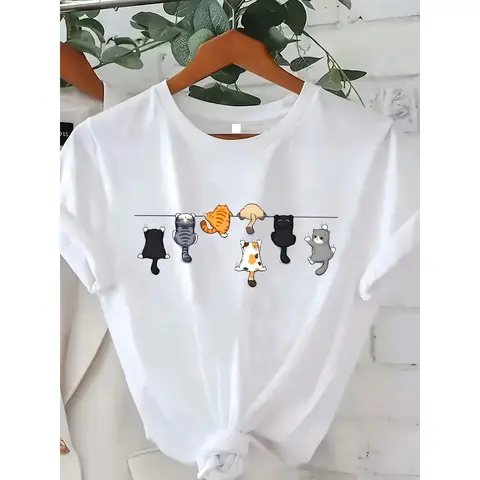 [100% Cotton] Women's Cute Cat Print Round Neck Short Sleeve Casual T-Shirt White Summer