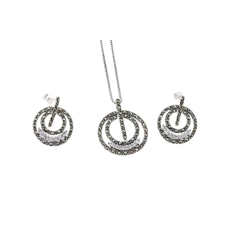 925 Sterling Silver Marcasite Circle Jewelry Set - Adult Necklace (1mm Chain, 16in, 18in, 20in) + Matching Earrings, Adults