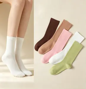 5 Packs Ladies Solid Tone Slouch Fit Crew Socks, Elastic Air-permeable Cotton Calf Length Layerable Socks, Trendy Daily Mid-Calf Hosiery to Match Skirts, Formal Footwear & Multiple Daily Styling Looks