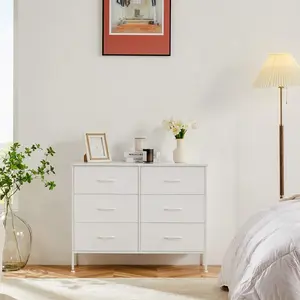 6-Drawer Fabric Dresser Chest TV Stand Organizer, Wooden Top & Sturdy Steel Frame, Easy Pull Bins, Bedroom & Living Room Storage Solution