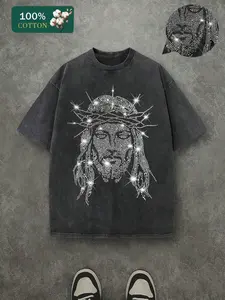 Men's Casual Streetwear Short Sleeve T-Shirt, Graphic, Background with Embroidered Jesus Crown, Sparkling Rhinestones, 100% Cotton Fabric, Regular Fit, Menswear