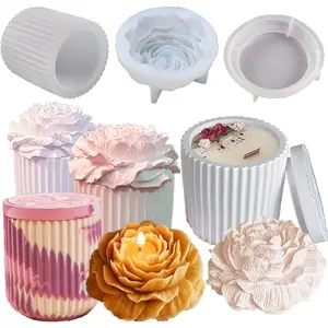 Striped Candle Jar Mold with Lid -  Cement Peony Flower Soap Mold - Concrete Plaster Molds for  - Vessels for Candle Making