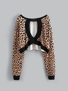 Women's Leopard Print Long Sleeve Backless Loose Fit Casual Plaid T-Shirt, Comfortable All Season Wear, Fitted Style