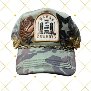 Camo Trucker Hat with Embroidered Patch and Chain Detail for Stylish Outfits