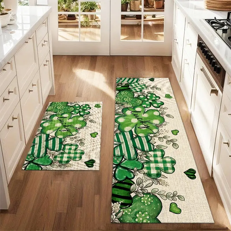 2Pcs Four-Leaf Clover St. Patrick's Day Floor mat set including Farmhouse Kitchen Rugs Home Decor Rugs Floral Pattern Rug Floral Print Rug Floral Area Rugs dining room flooring laundry room decorative carpet mat
