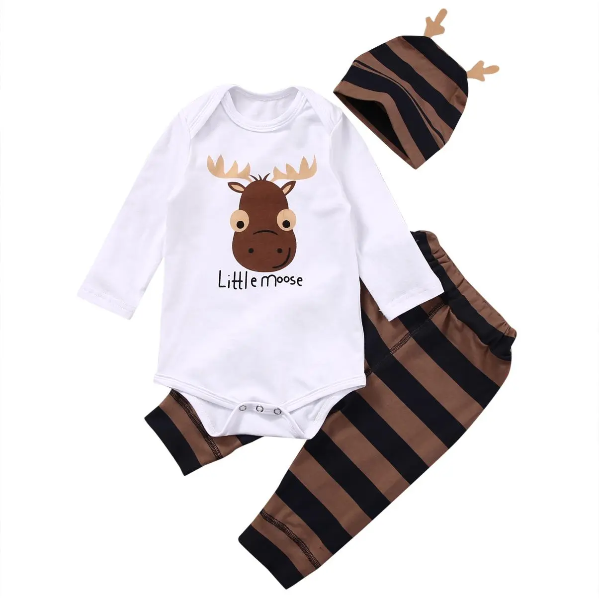 Autumn Winter Newborn Baby Boys Girls Tops Moose Romper Pants Hat Outfits Set Cute Clothes 3Pcs