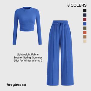 Casual 2 Piece Sets For Women Fall Outfits 2025 Ribbed Long Sleeve Crop Top Wide Leg Pants Matching Lounge Set Women's Two-Piece Lounge Tracksuit round neck crop tee
