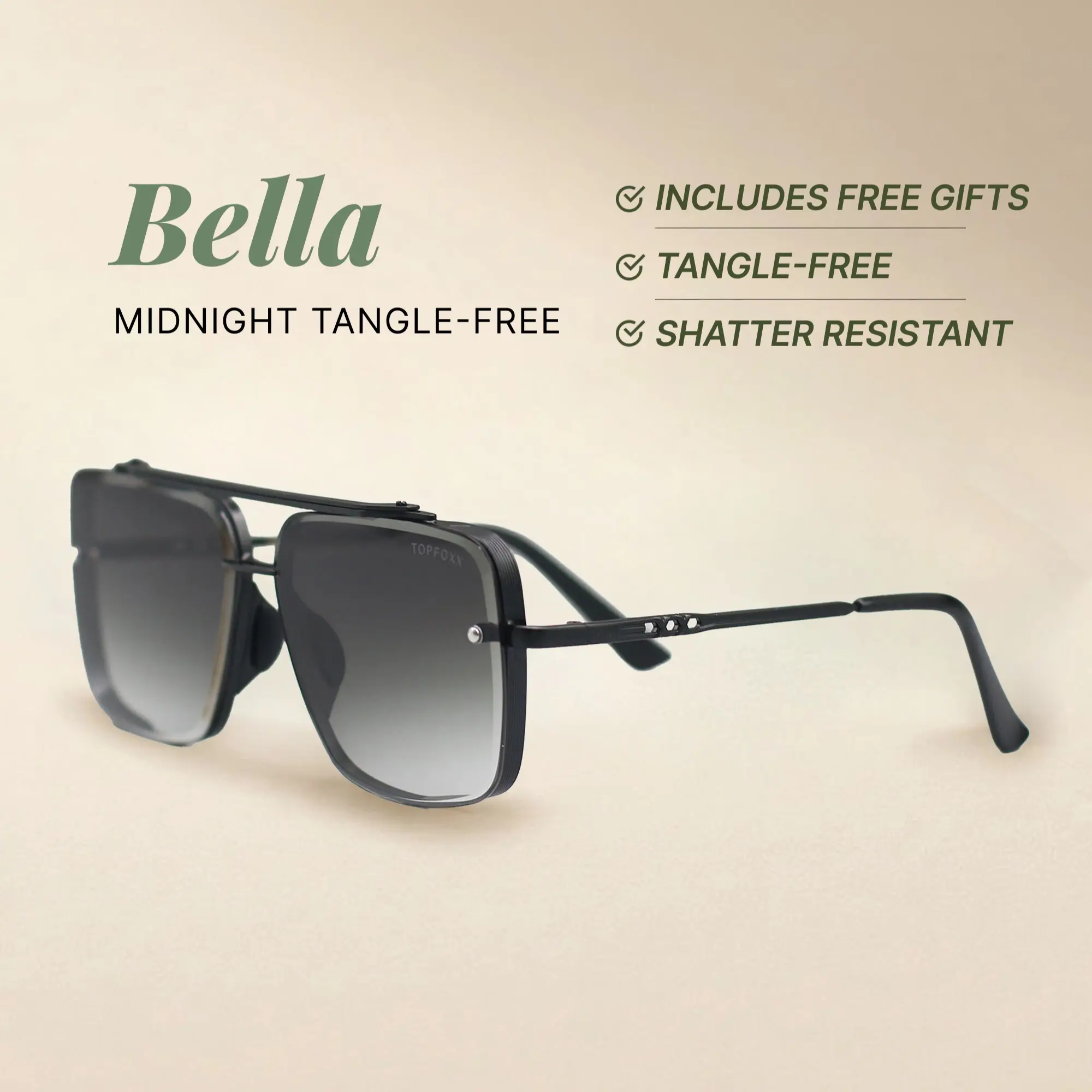 Bella - Midnight - Tangle Free Aviator Sunglasses - Certified Shatter-Resistant Lenses - UV400 - For Women & Men