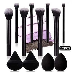 12PCS high-quality makeup brush set: Loose powder brush, blush brush, contouring brush, eyeshadow brush, multi-functional facial set brush, Face Makeup Brush, Blending Brush + non-sticking dry and wet dual-purpose sponge egg powder puff