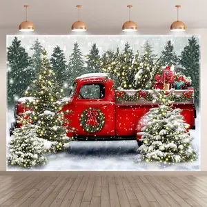 1pc 2D Flat Uufelice Polyester, Ft/ft/ft - Vintage Red Truck Snowy Winter Forest Christmas Scene, Washable & Iron-Free, Parties, Photo Backdrops, Gifts, Festive Decor |