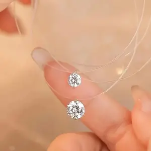Elegant 925 Silvery plated trendy Women's transparent fishing line necklace, Synthetic Zirconia pendant, sparkling necklace, collarbone chain, jewelry, transparent invisible line, fashionable