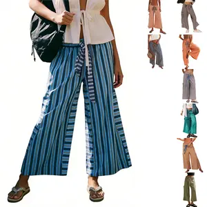 WoodBerry Women Drawstring Striped Pants Loose Wide Leg Lounge Pants Casual Palazzo Pants Trousers with Pockets Lightweight Womenswear,summervibes