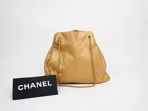 Pre-owned CHANEL calfskin Tote Bags Metallic Quilted Small Drawstring Bag Gold