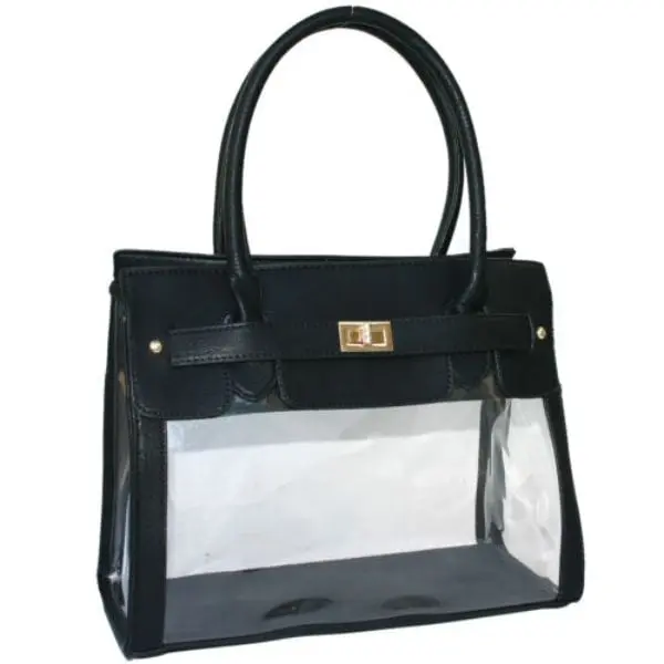 Goldrush C-010A-BK Womens Transparent See Through Tote Purse Handbag, Clear & Black