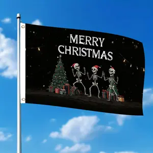Double-sided 2D Flat Christmas Dancing Skeletons With Santa Hats, Funny Outdoor Yard Flag Garden Decor, Single-Sided 3x5 FT Polyester Banner for Patio Lawn Holiday Party, No Electricity Needed