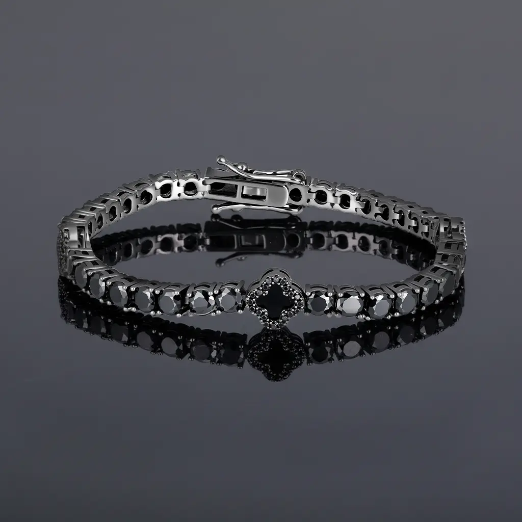 HELLOICE Iced Out Black Four Leaf Clover Tennis Bracelet 5A CZ 18K Black Gold Plated Bracelet