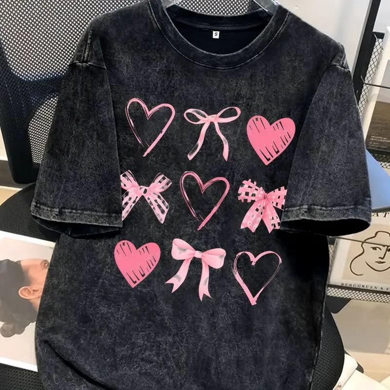 Men's 100% Cotton Casual Graphic Tee - Menswear Streetwear Short-Sleeve Round Neck, Graffiti Heart Bows, Geometric Print, Elastic Knit Fabric, Loose Fit, Machine Washable, No Dry Clean, for Casual Outings