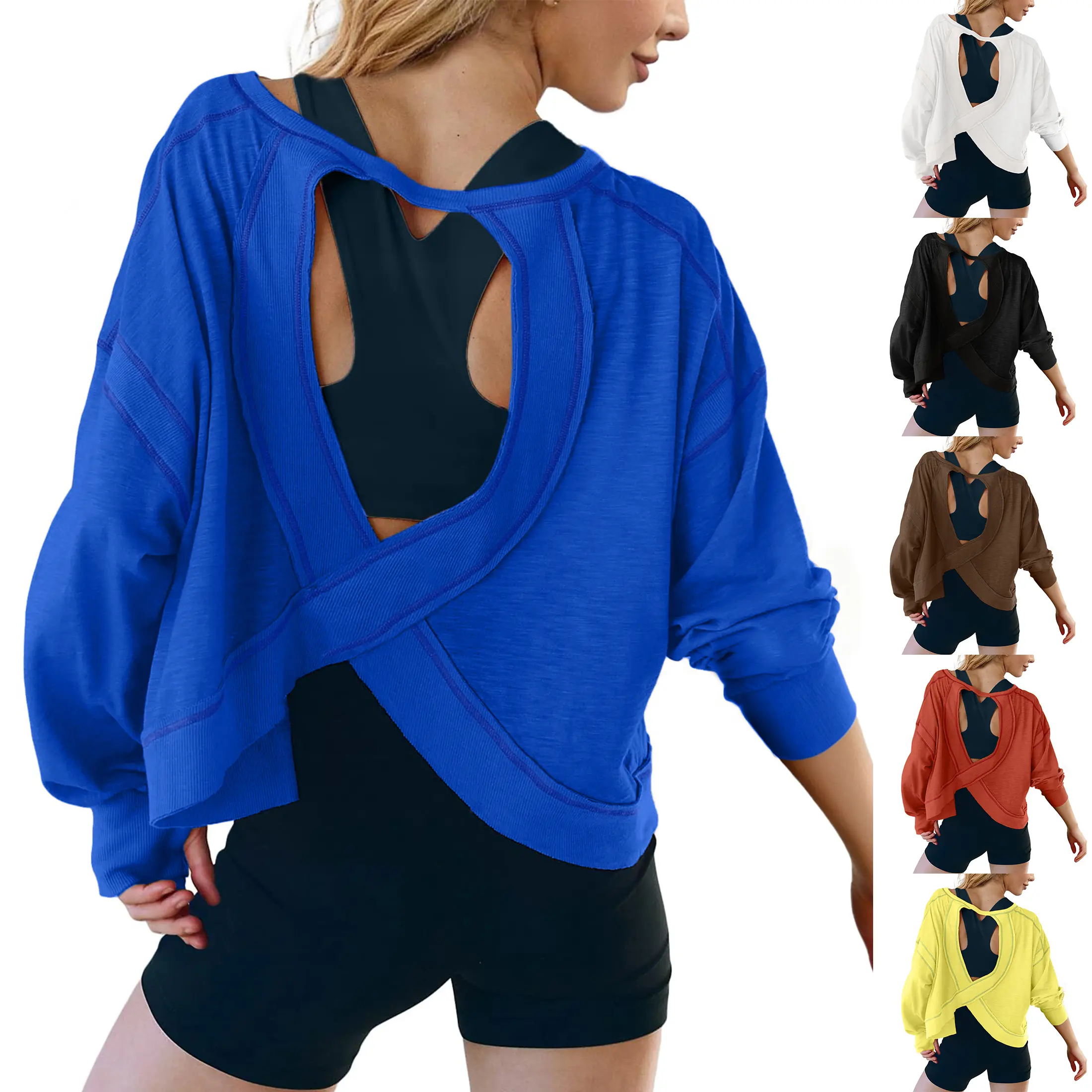 Wandal Women Y2K Open Back Long Sleeve Crop Top Crew Neck Rib Cuff Loose Stretch Layering Shirt For Yoga Gym Spring Autumn Daily Wear,clothes for back to school,first day of school outfits