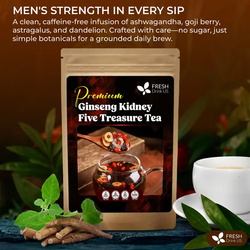 【FreshDrinkUS】 Kidneys & Liver Health Tea - Premium Ginseng Kidney Five Treasure Tea - Traditional Healthy Kidney Cleansing Tea for Men & Women. Ashwagandha Root, Goji Berry Fruit, Schisandra, Astragalus, Dandelion root, Rehmannia Herbal Tea