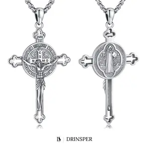 DRINSPER Saint Benedict Cross Necklace 925 Sterling Silver San Benito Pendant Necklace, Pardon Crucifix Necklace, Religious Jewelry for Men Women TikTokShopBlackFriday