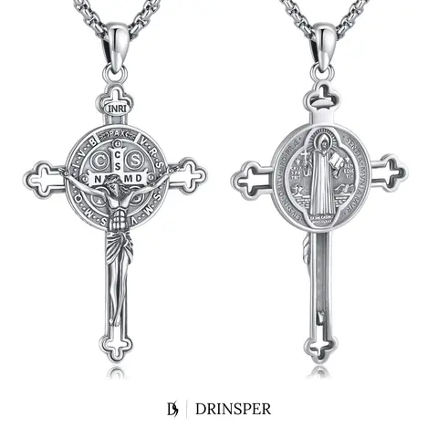DRINSPER 925 Sterling Silver Cadmium-Free Adults' Double-Side Symbol Saint Benedict Cross Medal Necklace - San Benito Pardon Crucifix, Adjustable Box Chain, Religion Faith Jewelry for Daily Protection (TikTokShopBlackFriday)