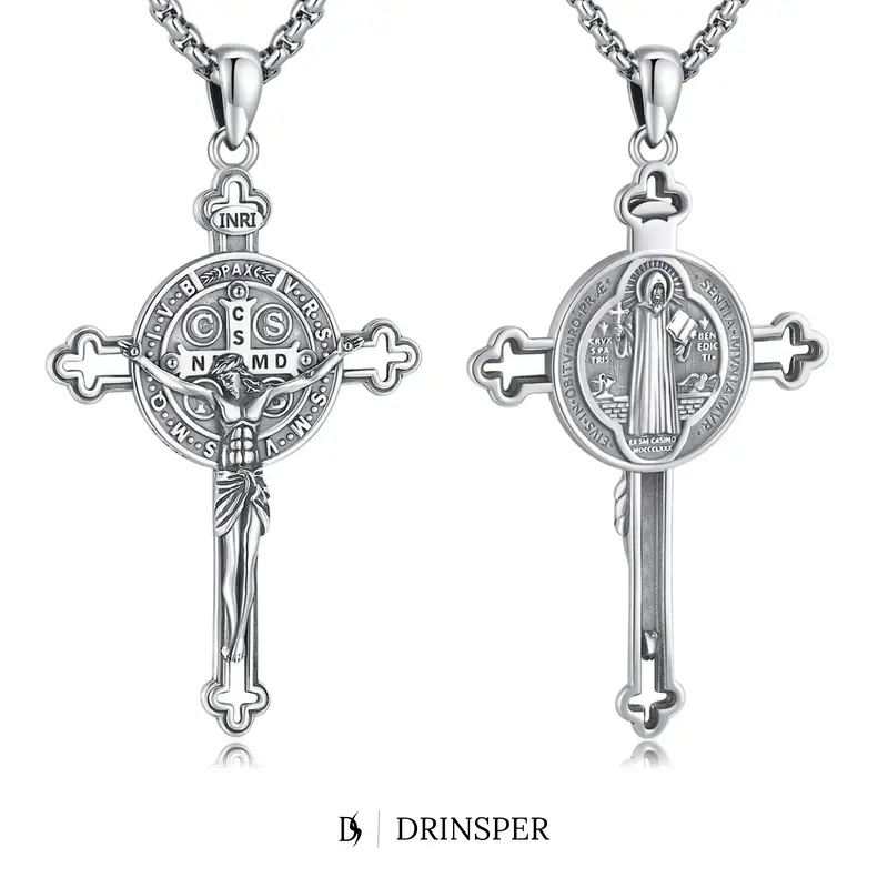 DRINSPER 925 Sterling Silver Cadmium-Free Adults' Double-Side Symbol Saint Benedict Cross Medal Necklace - San Benito Pardon Crucifix, Adjustable Box Chain, Religion Faith Jewelry for Daily Protection (TikTokShopBlackFriday)