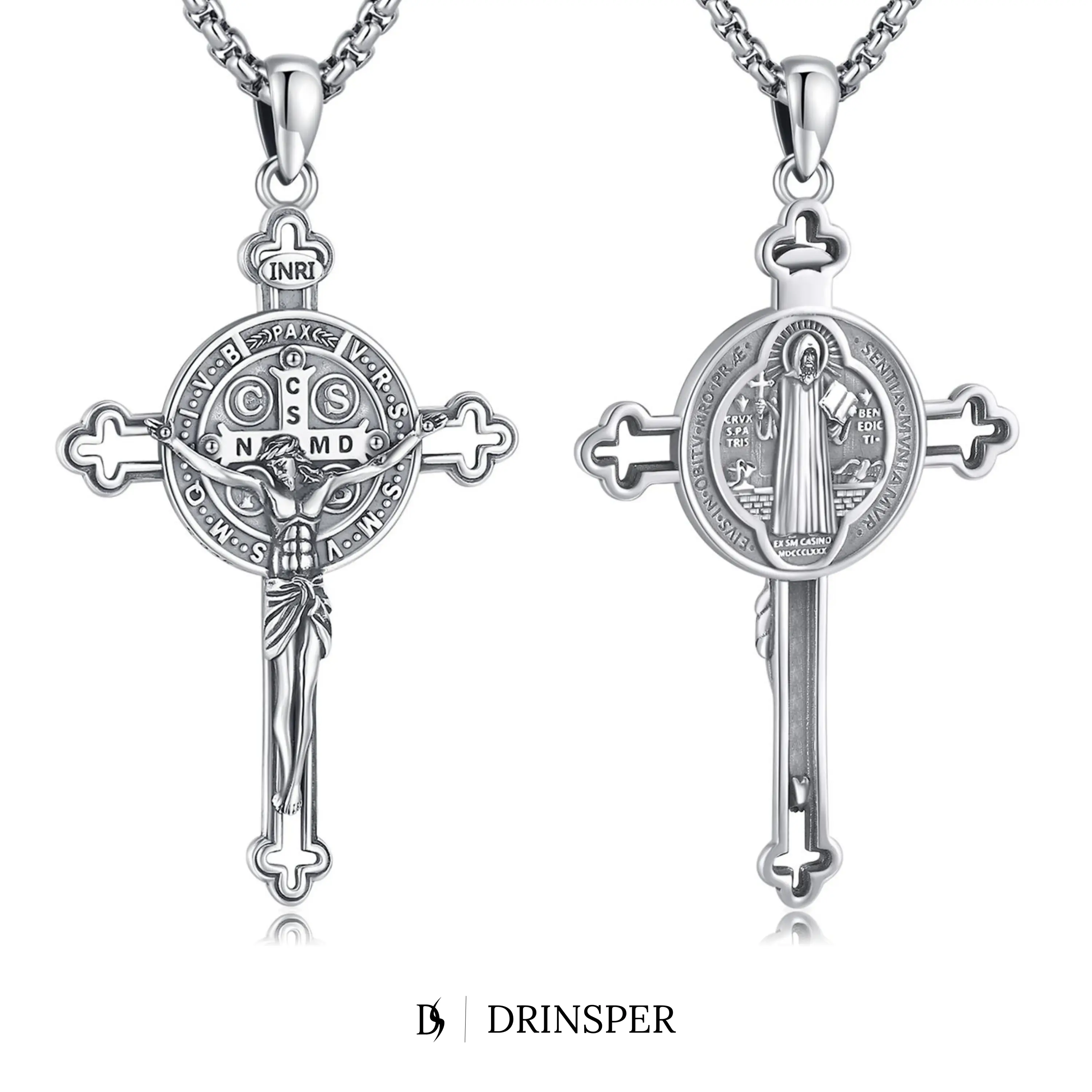DRINSPER Saint Benedict Cross Necklace 925 Sterling Silver San Benito Pendant Necklace, Pardon Crucifix Necklace, Religious Jewelry for Men Women